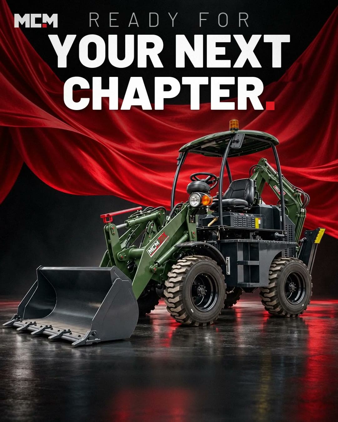 MCM 27X compact TLB backhoe loader on a red studio set — from R 399 500 excl. VAT