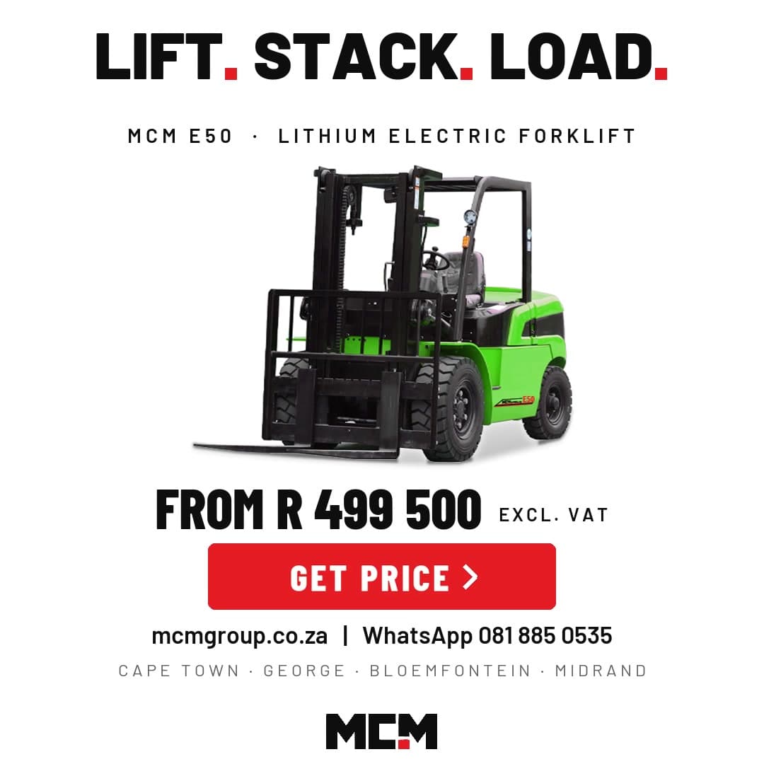 MCM E50 electric forklift — three-stage forklift mast height for warehouse racking
