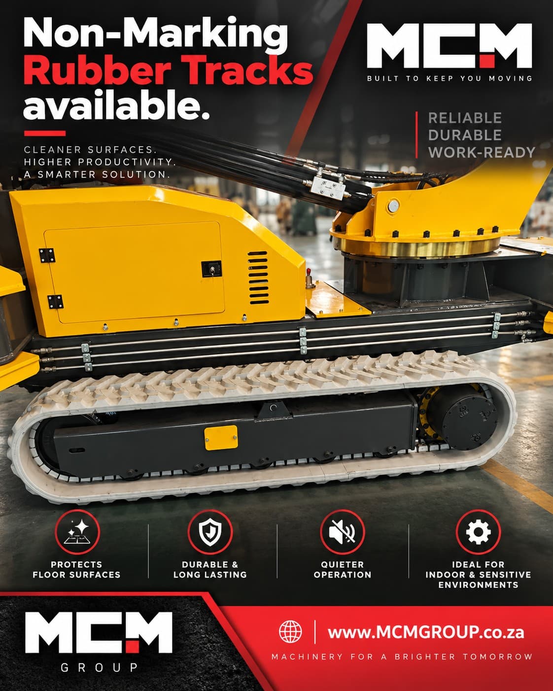 Non-marking white rubber tracks available for MCM spider cranes