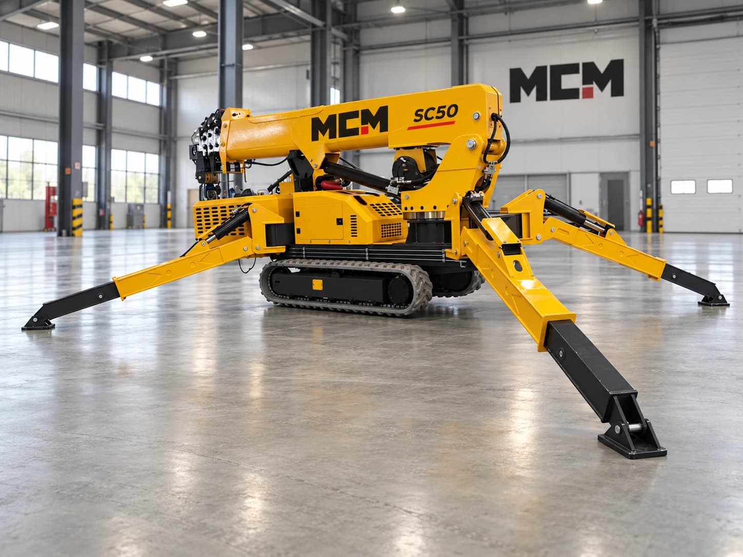 MCM SC50 spider crane front view with four outriggers extended
