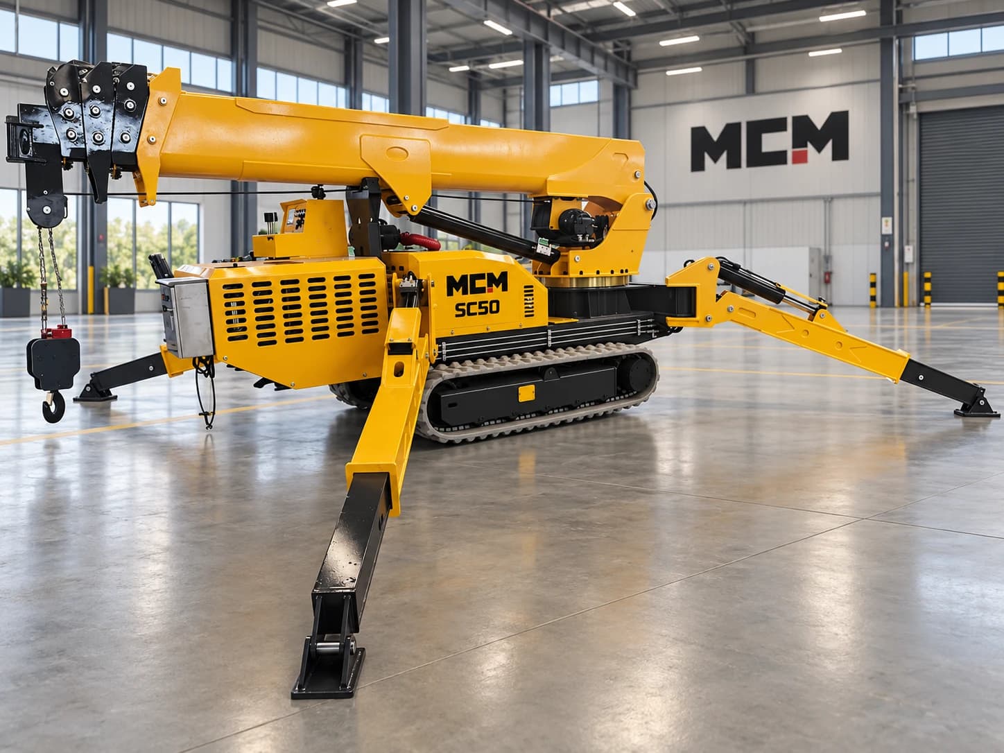 MCM SC50 spider crane with outriggers deployed in a warehouse
