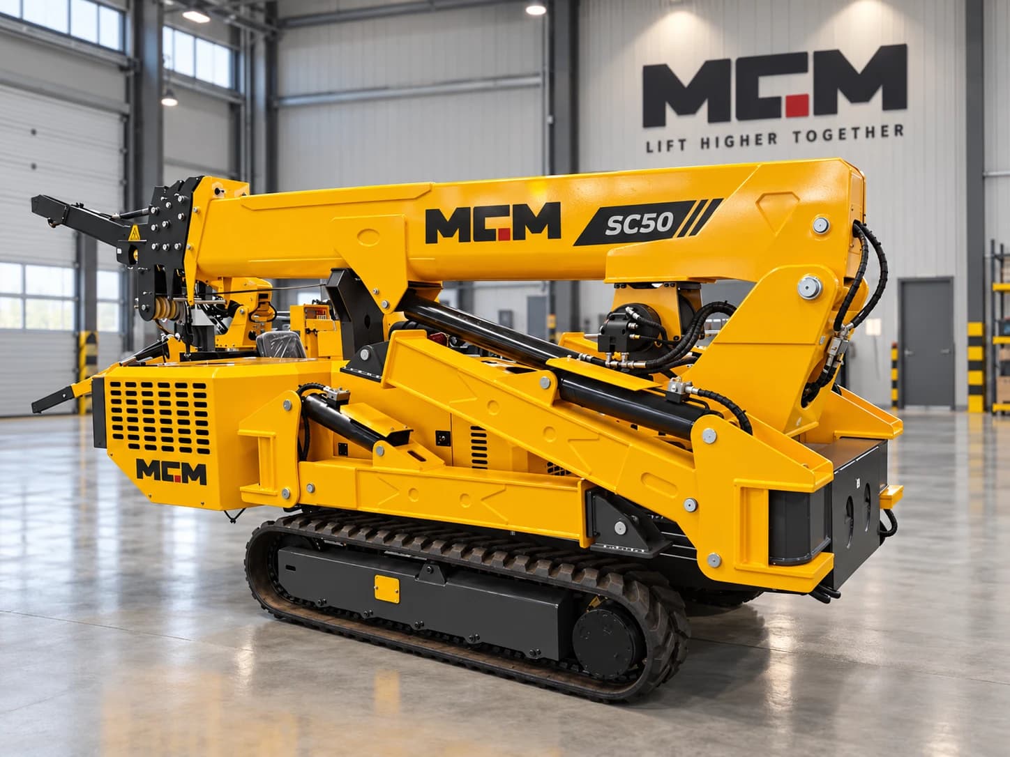 MCM SC50 spider crane in compact stowed position on rubber tracks