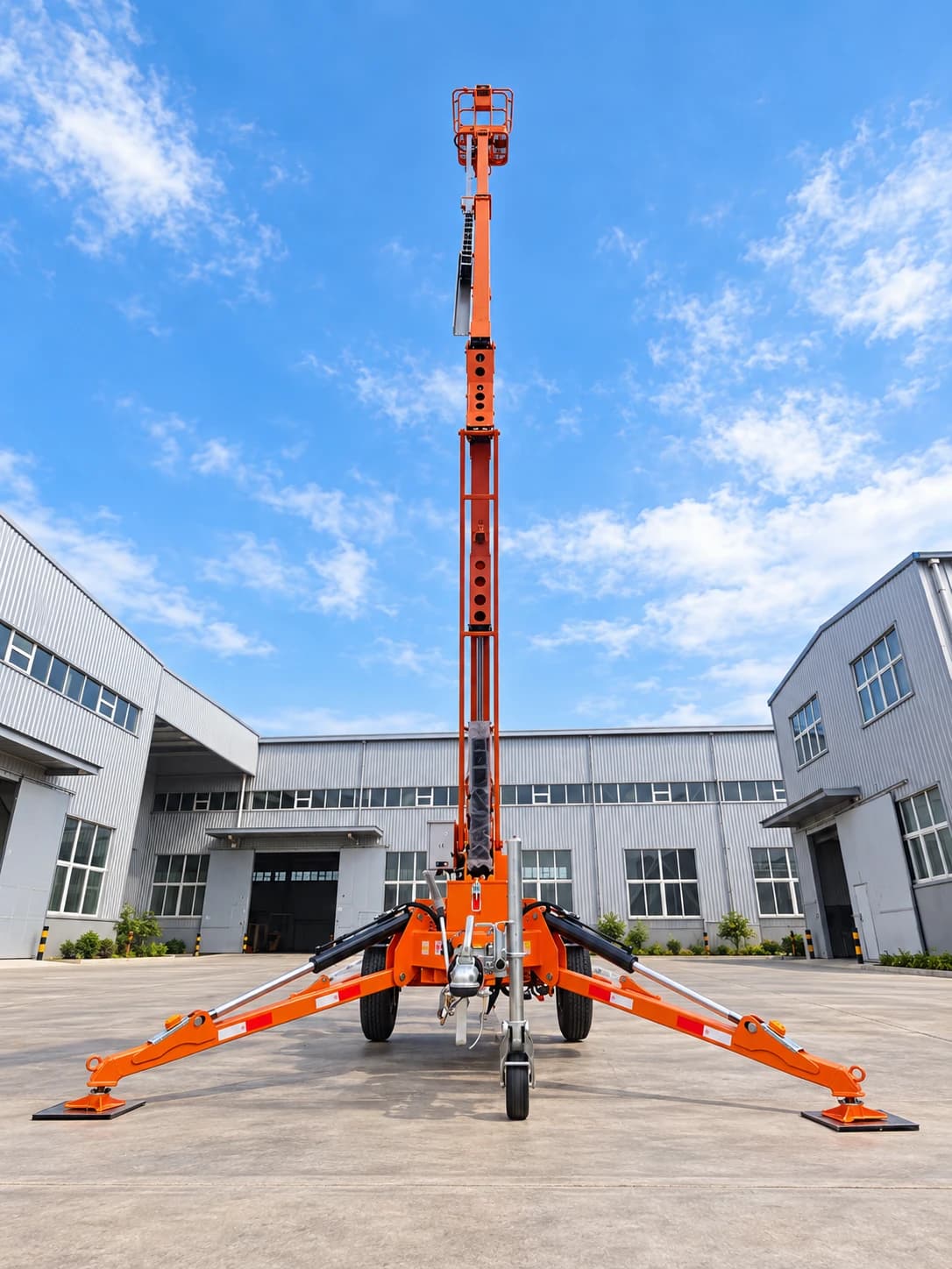 MCM TCP14 Cherry Picker / Trailer-Mounted Towable Boom Lift, with the boom fully raised, front view from the tow hitch