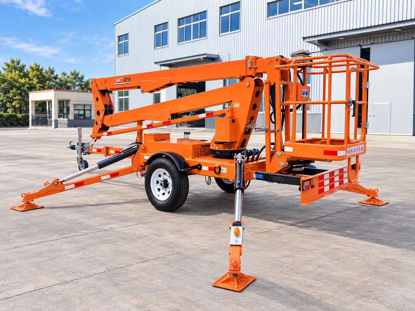MCM TCP14 Cherry Picker / Trailer-Mounted Towable Boom Lift, three-quarter view of the platform basket end