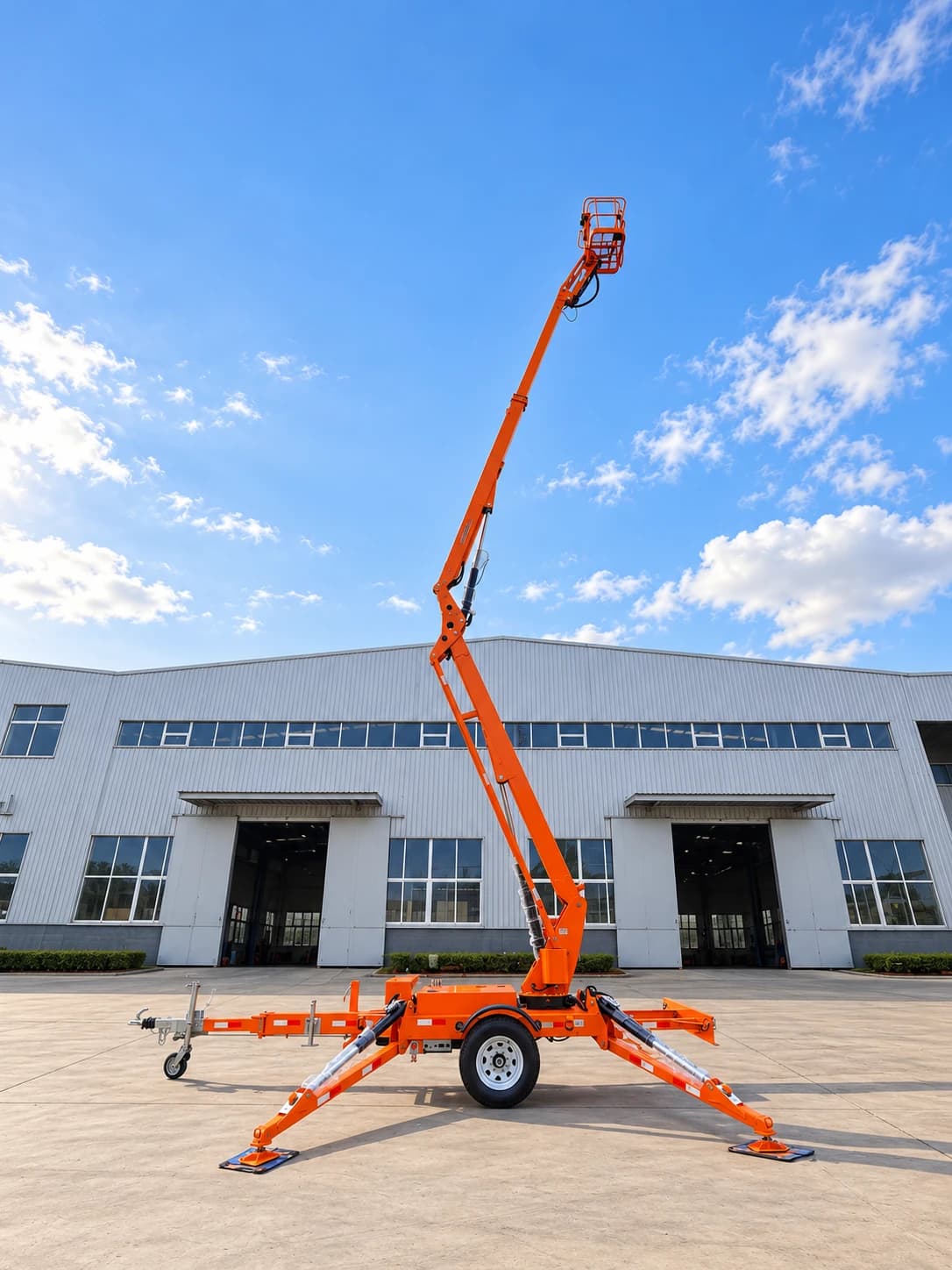 MCM TCP14 Cherry Picker / Trailer-Mounted Towable Boom Lift, with the boom raised and extended, side view
