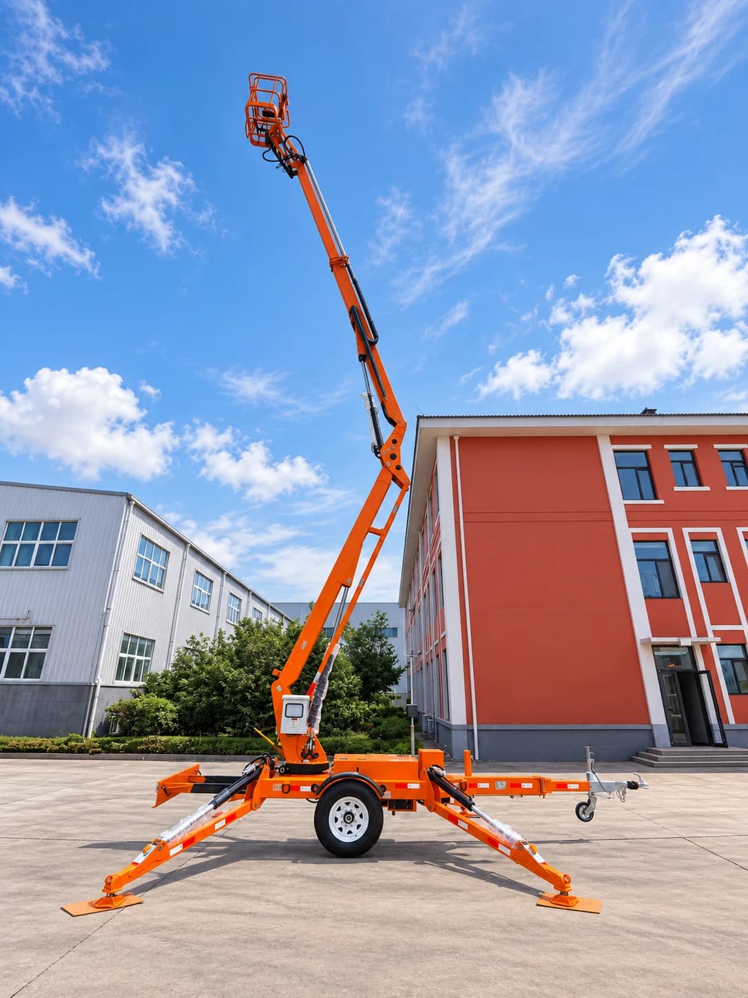 MCM TCP14 Cherry Picker / Trailer-Mounted Towable Boom Lift, with the boom raised and extended next to a building