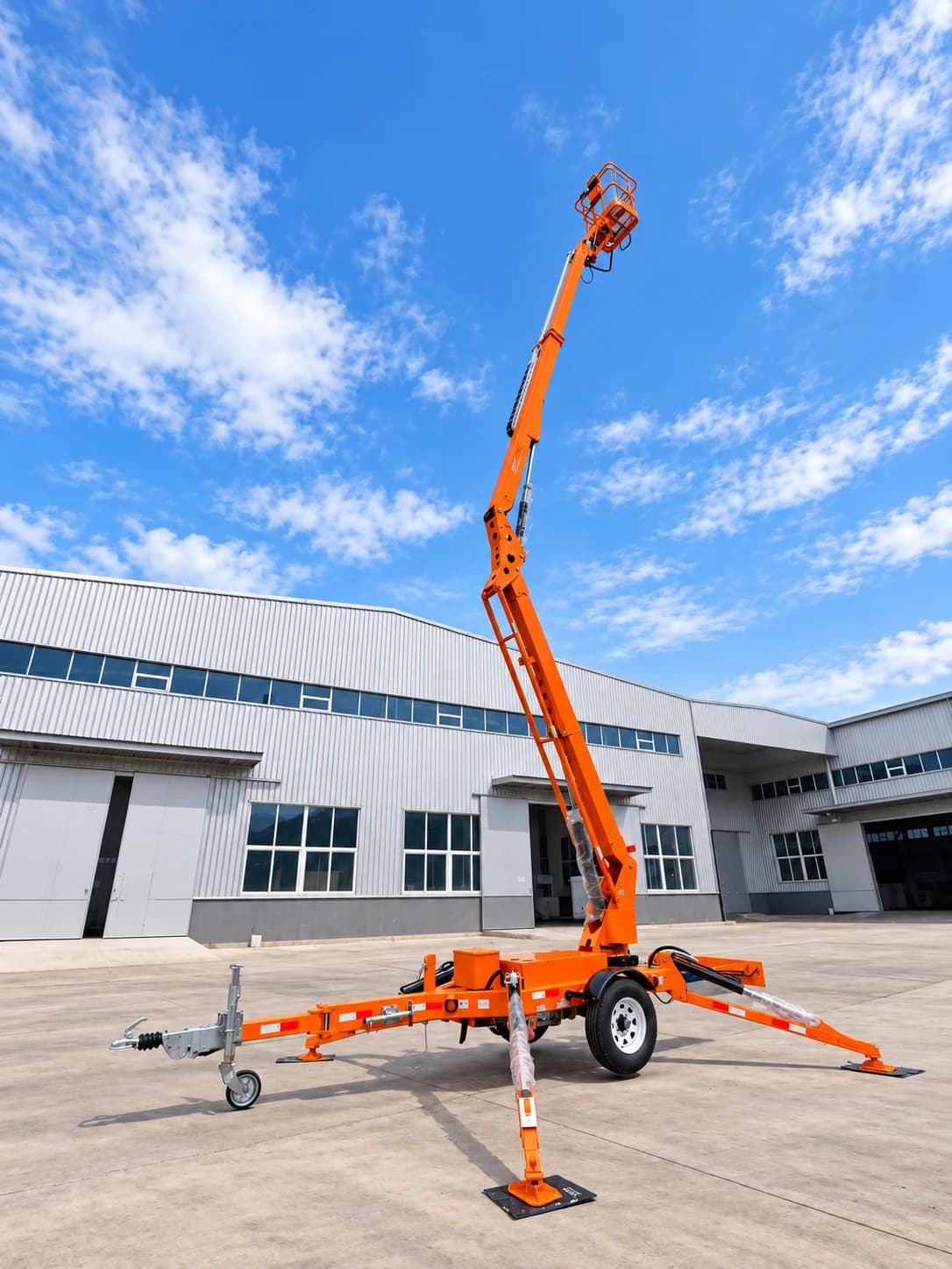 MCM TCP14 Cherry Picker / Trailer-Mounted Towable Boom Lift, with the boom raised, viewed from the tow hitch side