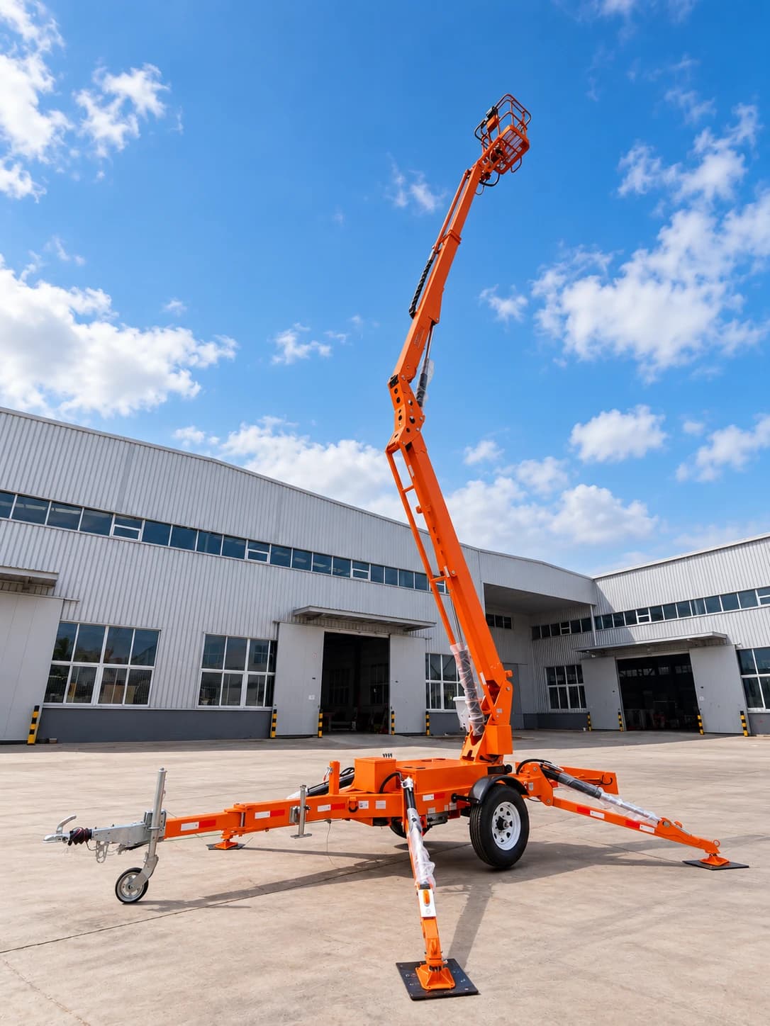 MCM TCP14 Cherry Picker / Trailer-Mounted Towable Boom Lift, with the boom raised and extended, three-quarter view