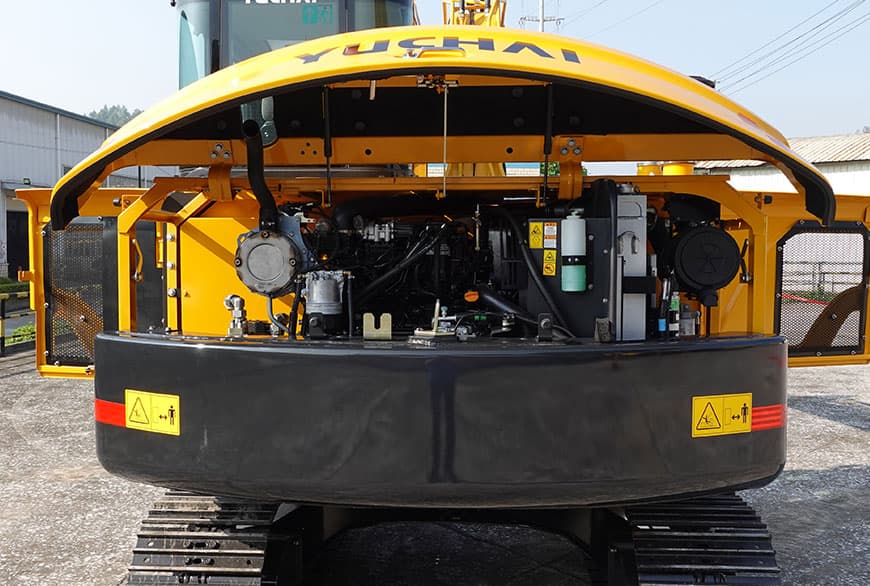 Yuchai YC80 excavator engine bay with hood open