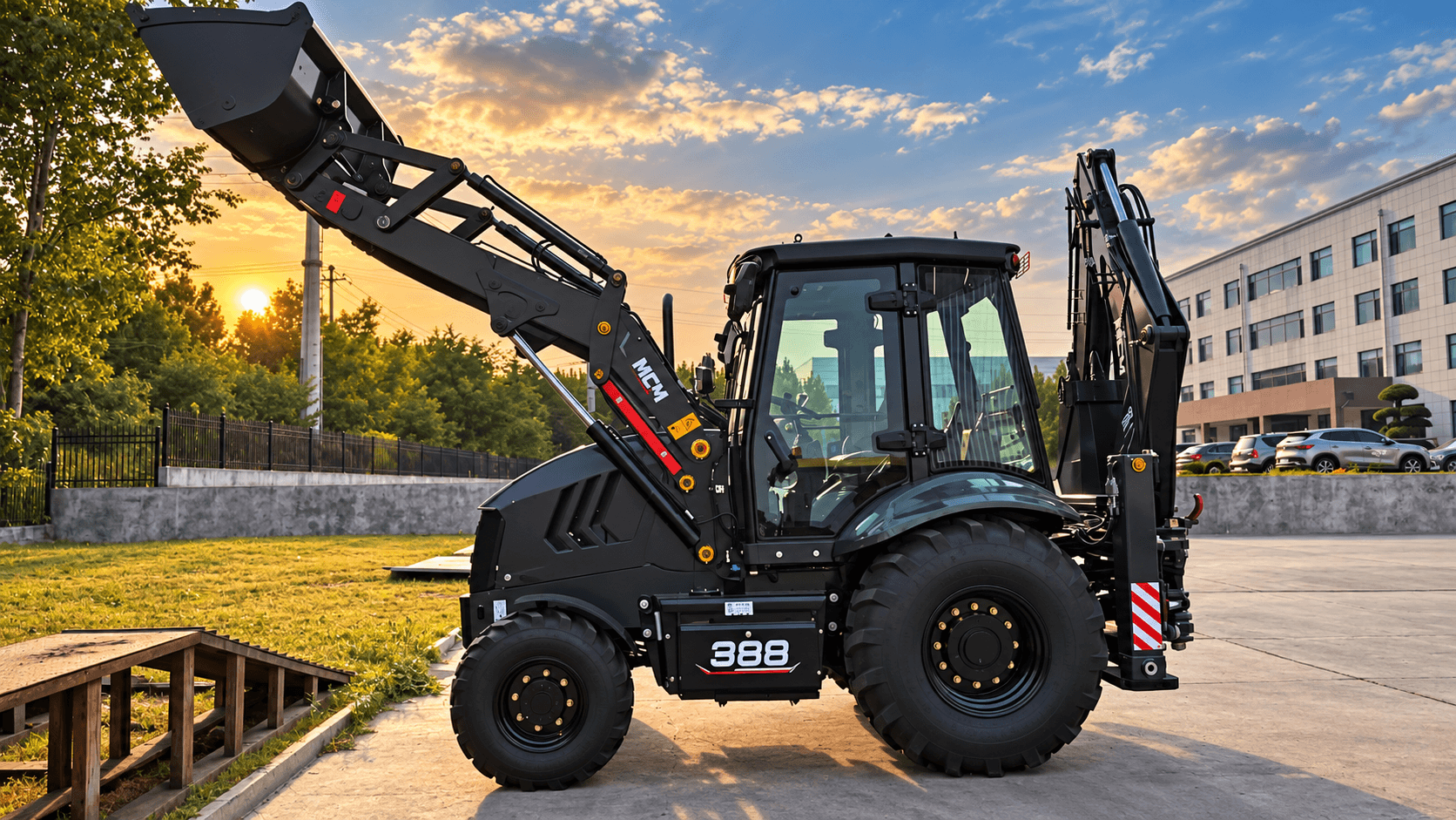 MCM 388 TLB backhoe loader at sunset