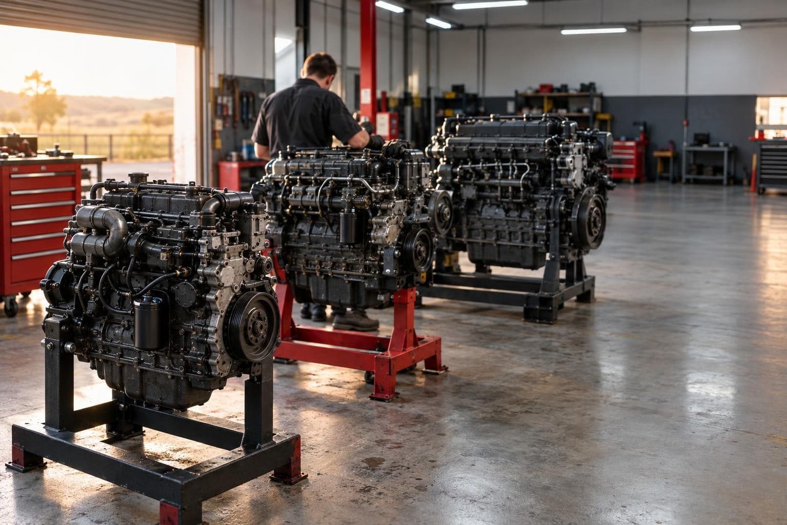 Three new industrial diesel engines on stands in an MCM Group workshop, ready for sale in South Africa