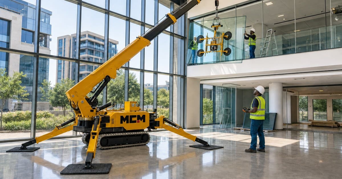 MCM spider crane installing glass in an office foyer (illustration)