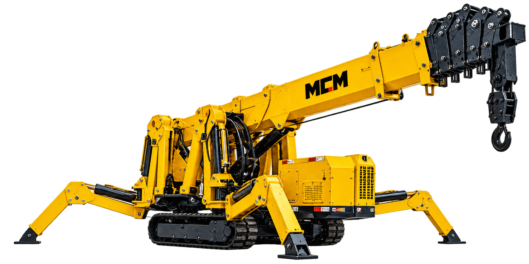 MCM SC30 3-ton spider crane with outriggers deployed and boom extended
