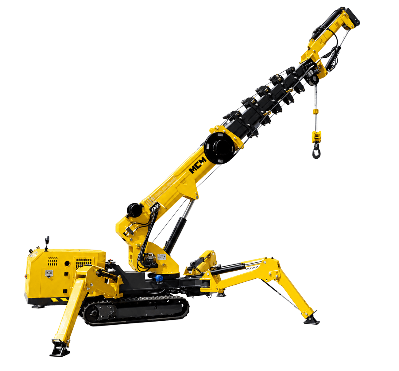 MCM SC120 12-ton spider crane with outriggers deployed and boom raised