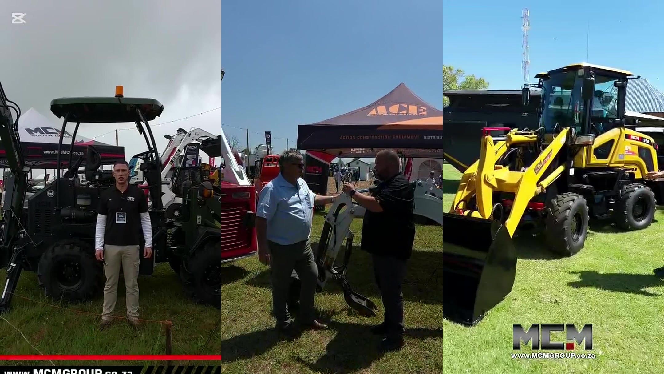 MCM Group stand at the 2026 Royal Agricultural Show at Tweedie Hall, Howick: MCM TLB, ACE Equipment gazebo and MCM 916 front end loader
