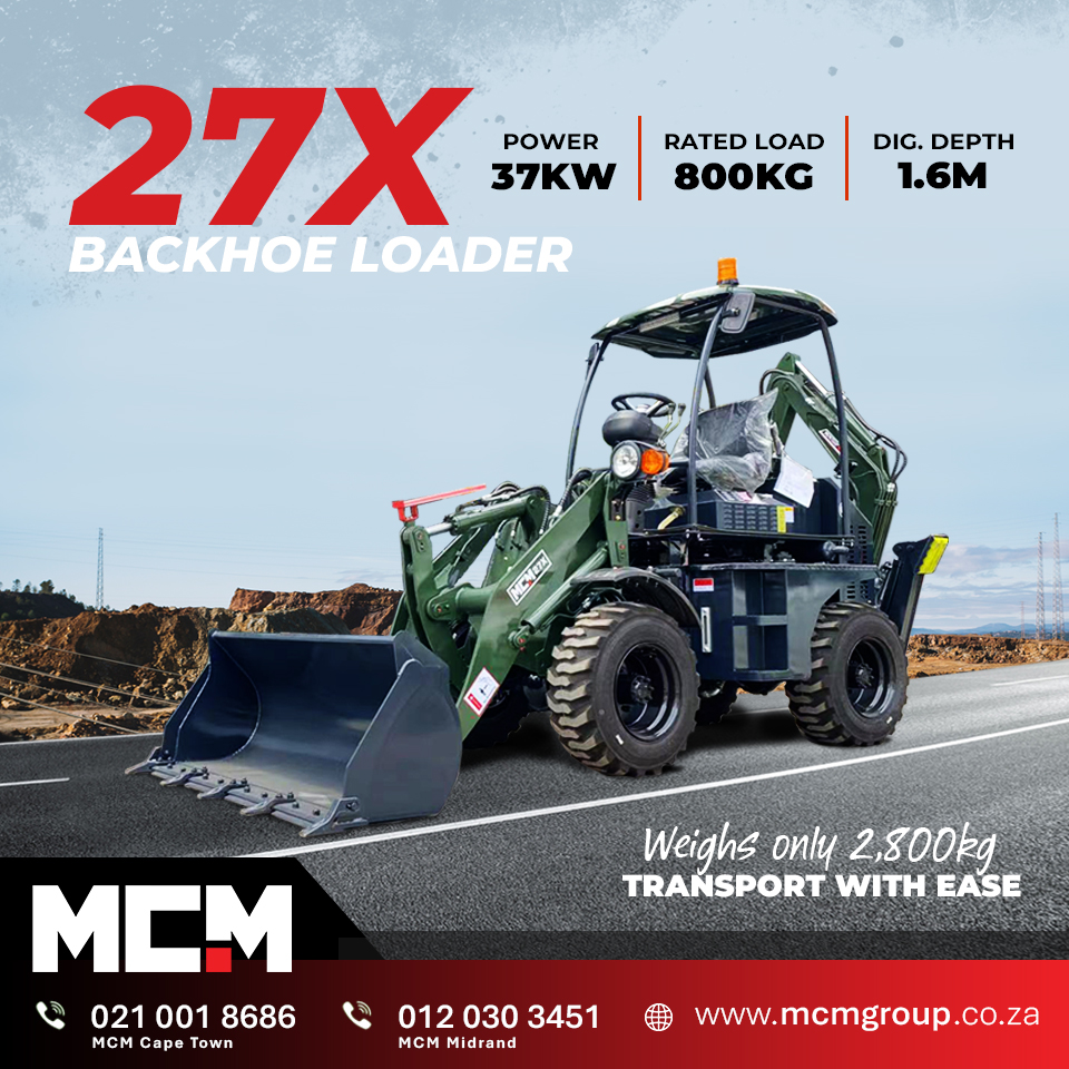 MCM 27X TLB at work on a construction site, demonstrating the compact backhoe loader versatility with front loader bucket