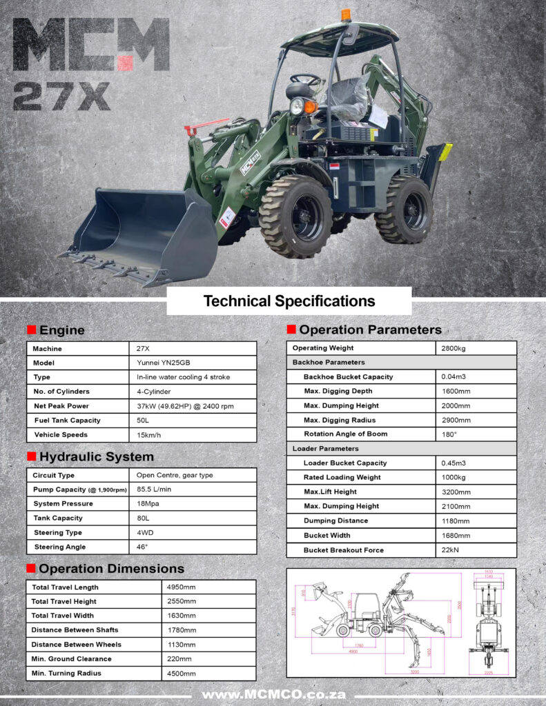 MCM 27X TLB specifications sheet showing engine, loader, and backhoe details for the compact backhoe loader
