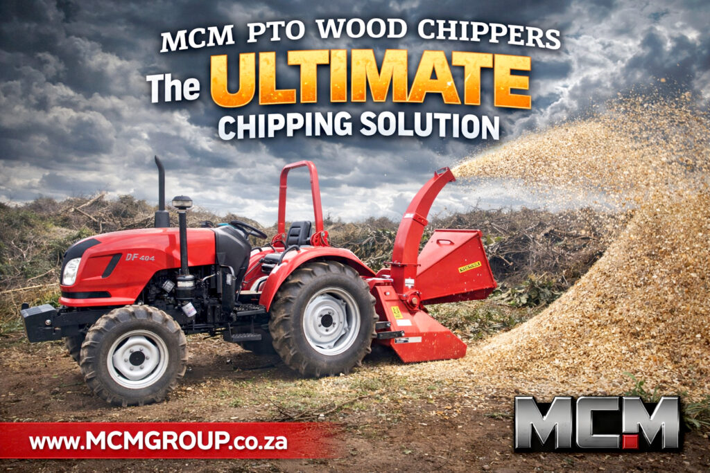 MCM PTO tractor wood chipper processing branches on a South African farm