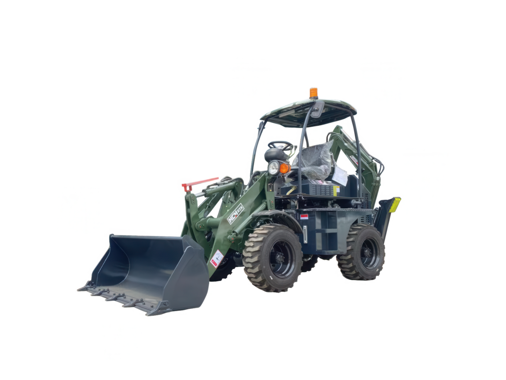 MCM 27X compact TLB performing excavation work, showing the rear backhoe arm digging on a South African job site