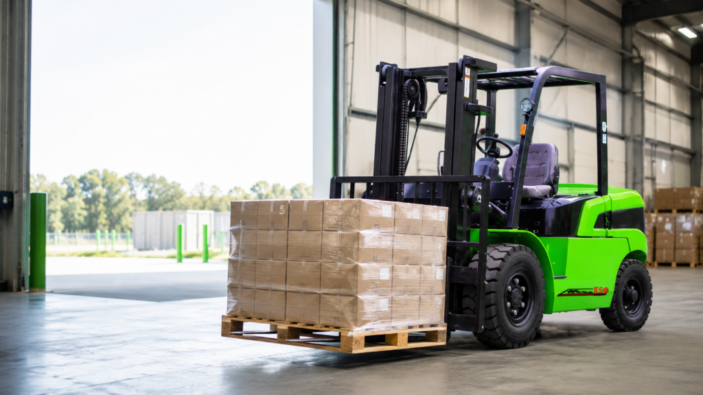 Electric forklift loading a palletised load inside a warehouse in South Africa