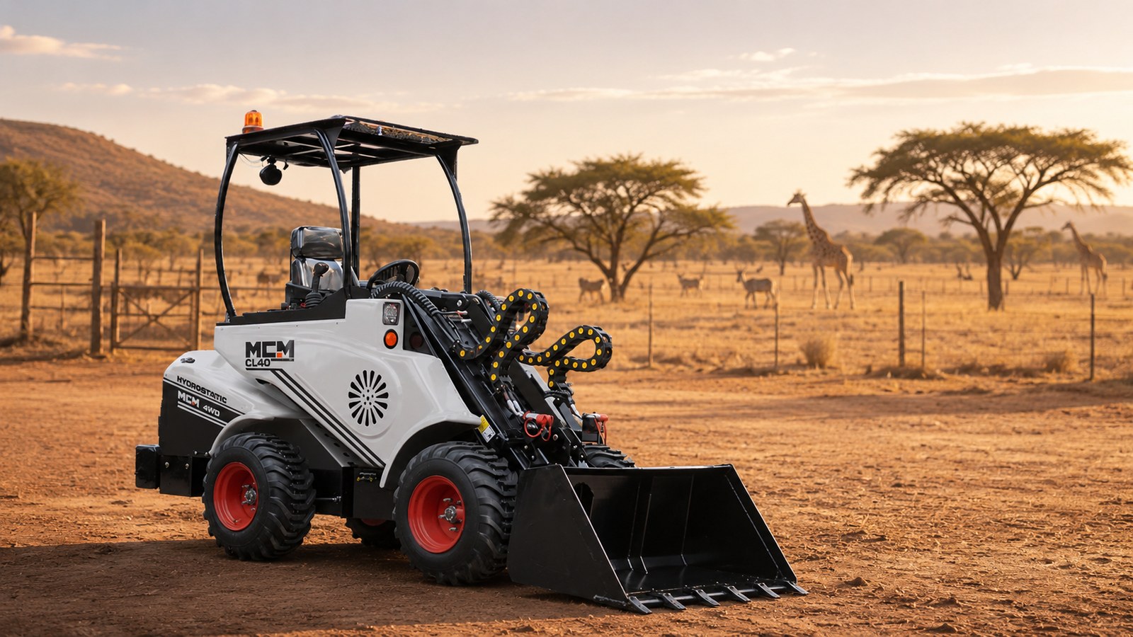 MCM CL40 compact loader for feed and bale handling on a South African game farm