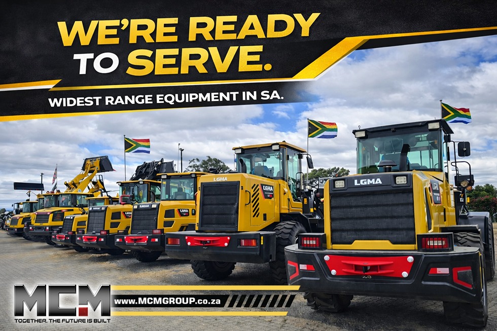 MCM and LGMA wheel loaders lined up - the widest equipment range in South Africa