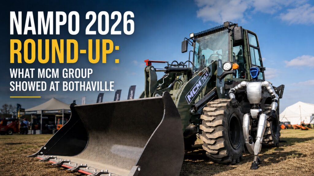 NAMPO 2026 round-up title card with the MCM 76X TLB and a Unitree humanoid robot at the MCM Group stand in Bothaville