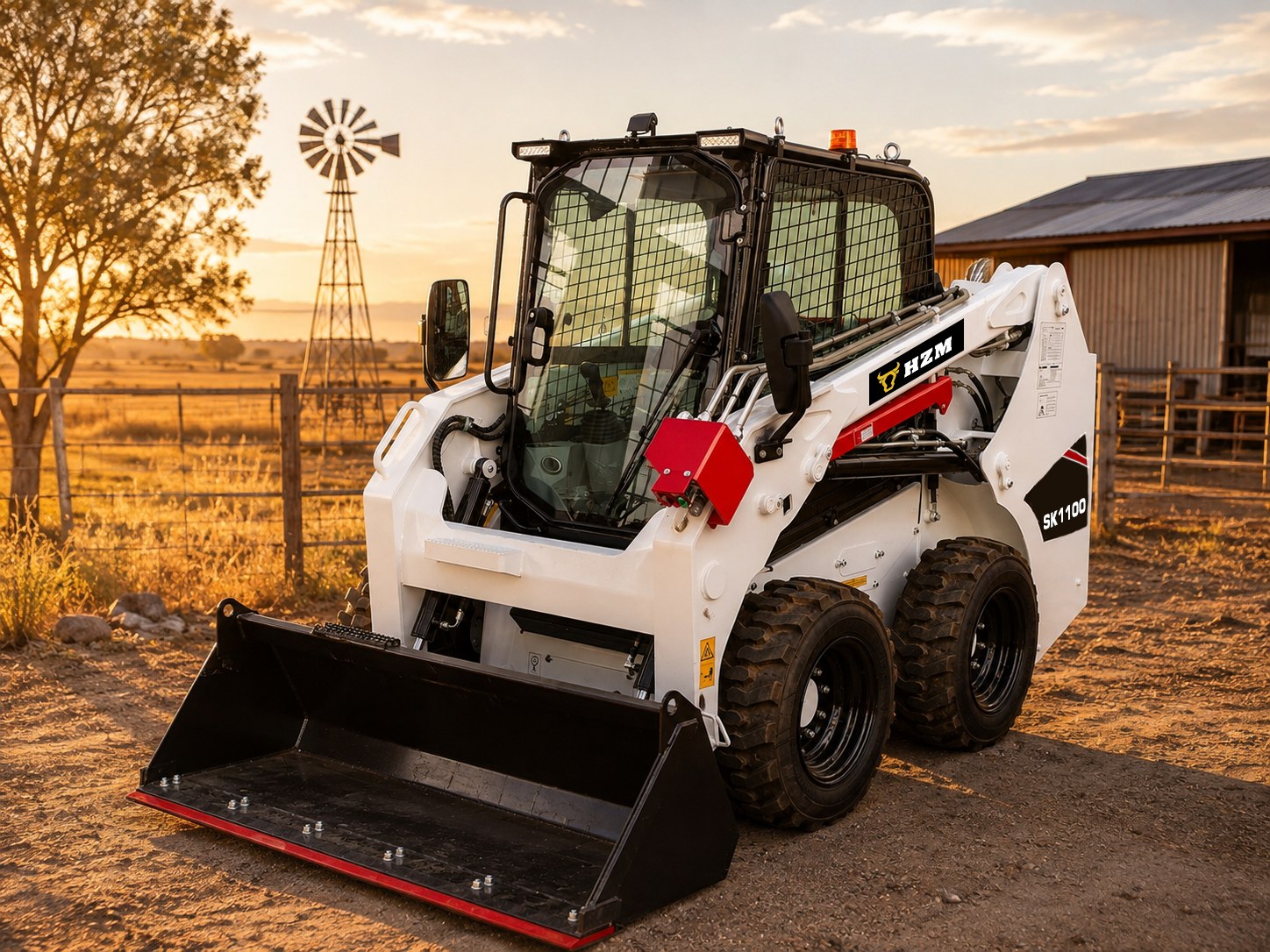 HZM SK1100 skid steer loader on a South African farm at sunset