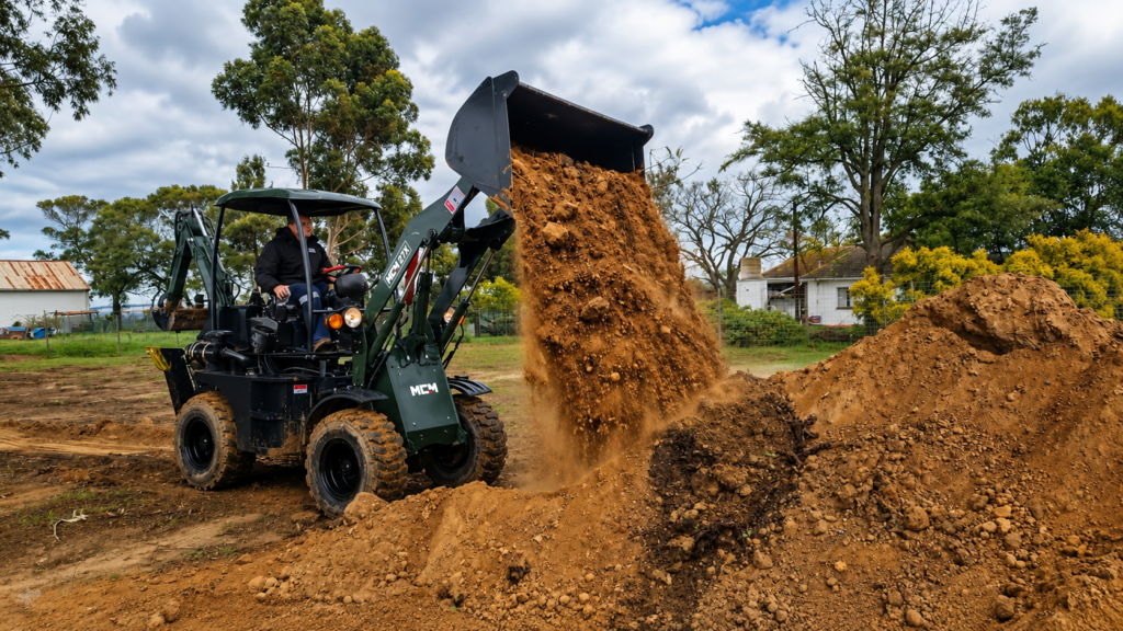 MCM 27X Jack Russell TLB compact backhoe loader loading soil from its front bucket on a rural site
