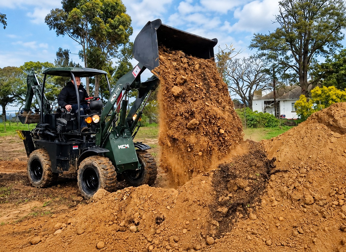 MCM 27X Jack Russell mini TLB with front loader and rear backhoe, loading soil