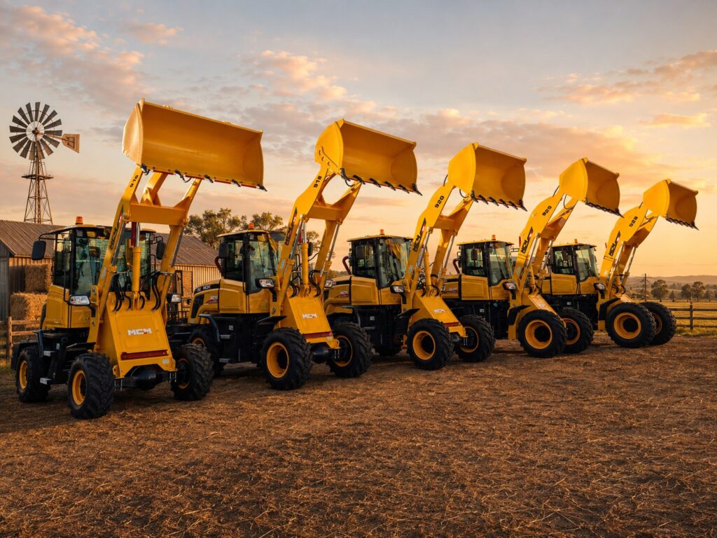 The MCM 9-Series front end loader range lined up at sunset