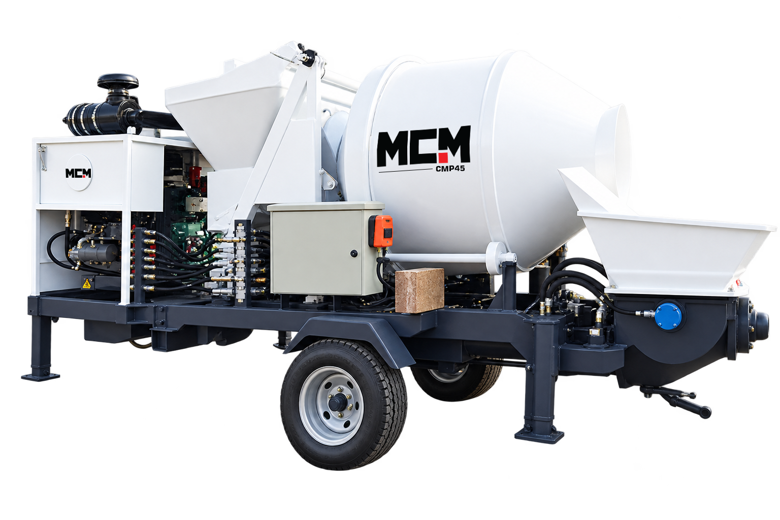 MCM CMP45 trailer-mounted concrete mixer pump for sale in South Africa, mixing and pumping 45 cubic metres of concrete per hour
