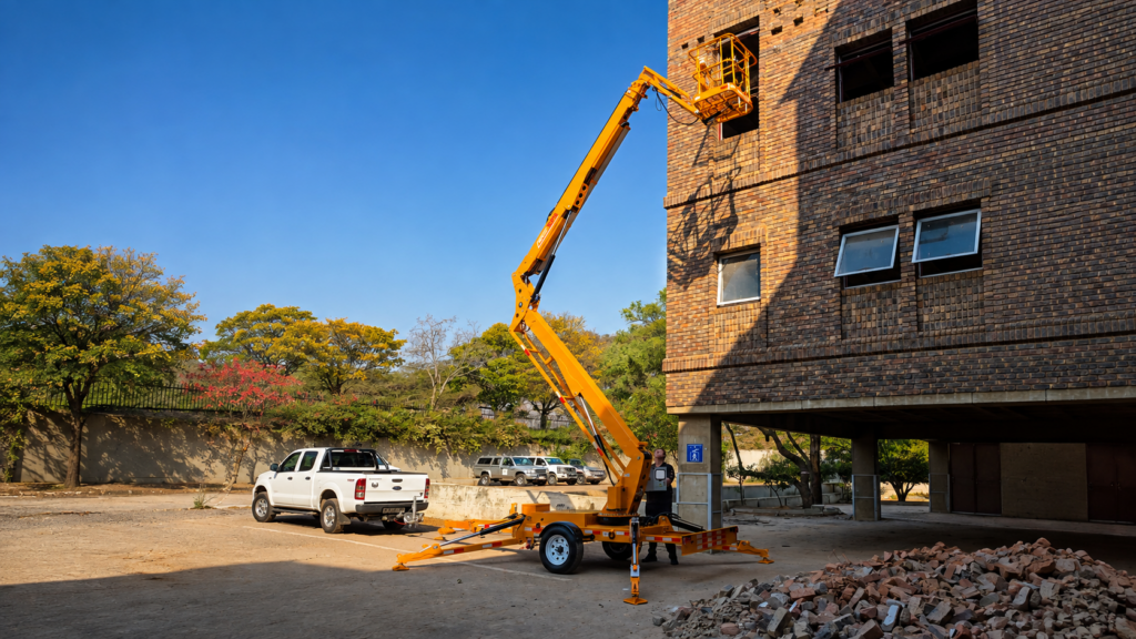 MCM TCP16 towable cherry picker with articulated boom raised to the upper floor of a building