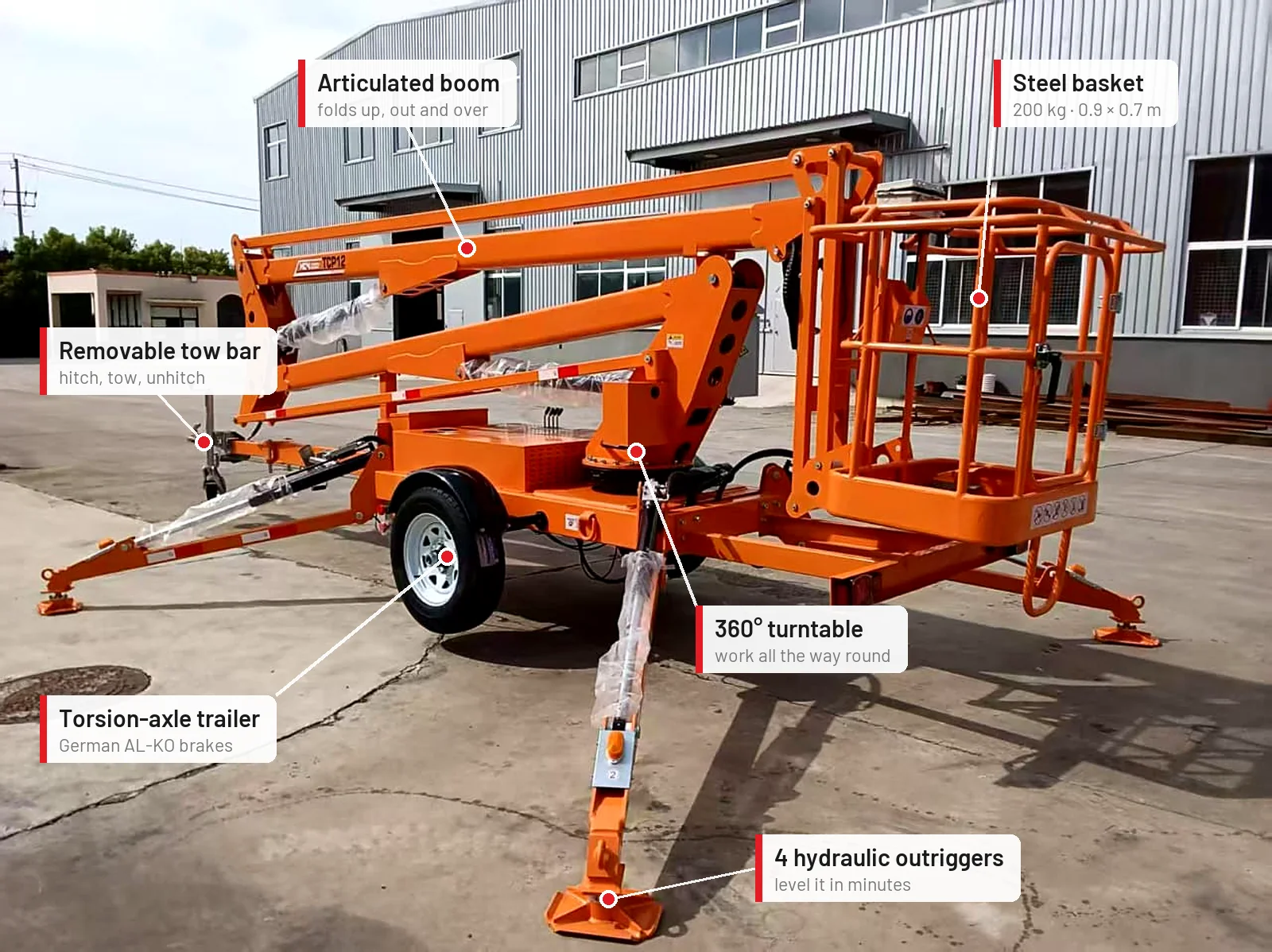 Annotated MCM towable cherry picker showing the steel basket, articulated boom, 360-degree turntable, four hydraulic outriggers, torsion-axle trailer and removable tow bar