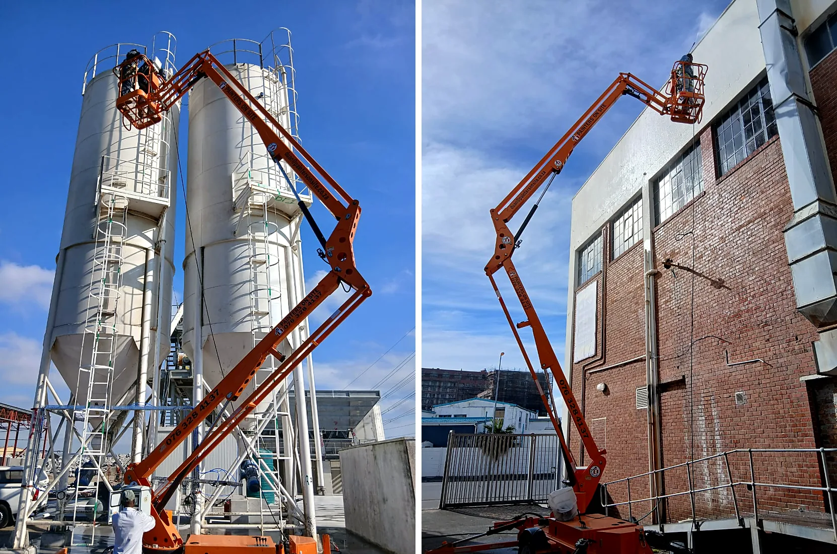 Two MCM towable cherry pickers at work: one beside industrial silos, one reaching the top of a brick building facade