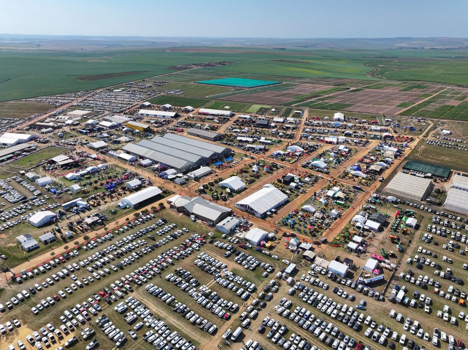 Aerial view of the NAMPO Cape 2026 showgrounds surrounded by Overberg grain farmland