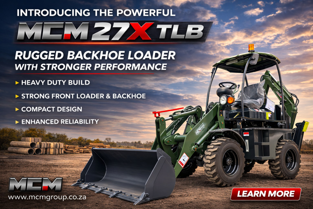 A compact MCM 27X TLB being used for agricultural trenching on a farm in the Western Cape.