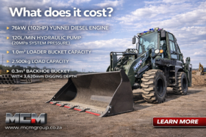 Compact MCM TLB working on a farm in South Africa, showing affordable TLB price South Africa options for farmers