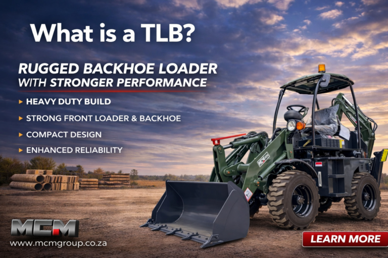 A compact MCM 27X TLB being used for agricultural trenching on a farm in the Western Cape.