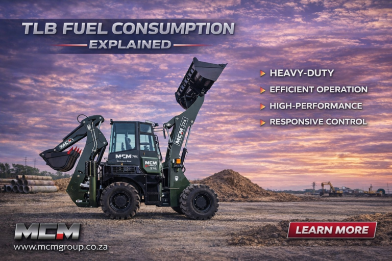 Compact MCM TLB working on a farm in South Africa, showing affordable TLB price South Africa options for farmers