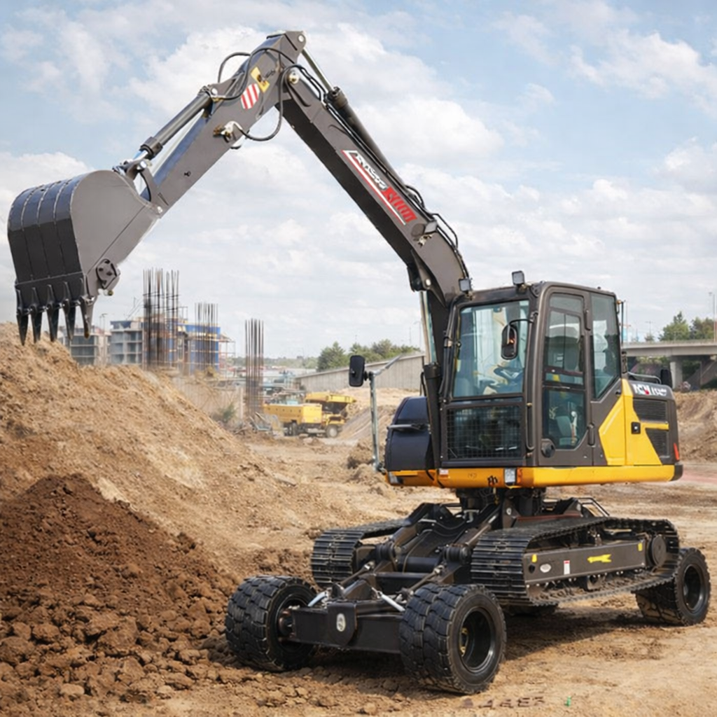 Tracked excavator on uneven terrain showing stability and power for earthmoving