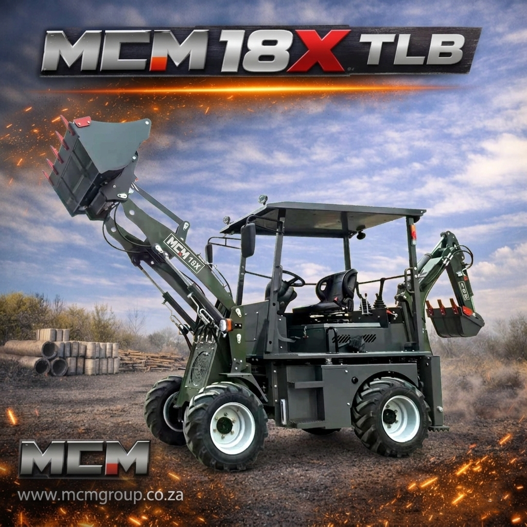 A compact MCM 18X TLB for small farms being used to dig an irrigation trench on a South African farm.