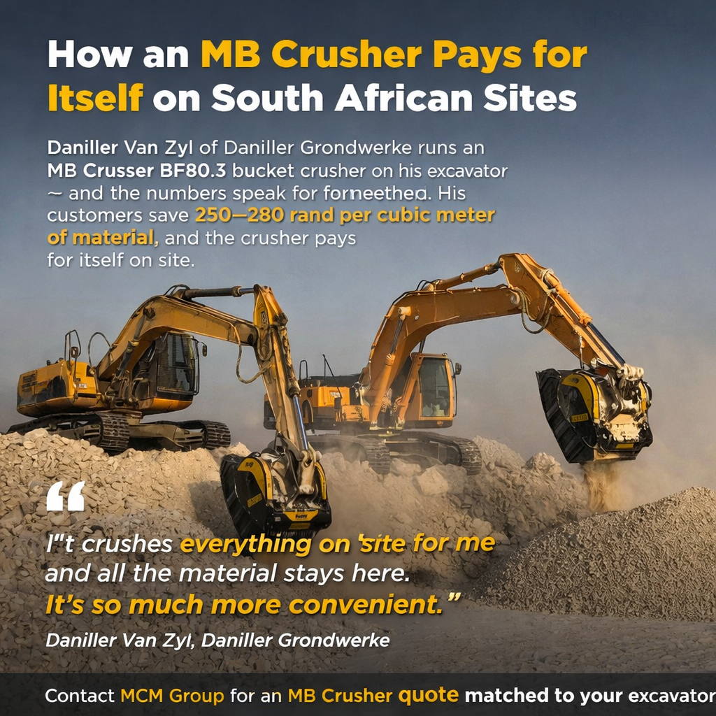 On-site crushing cost savings of R250 to R280 per cubic meter using MB Crusher attachments