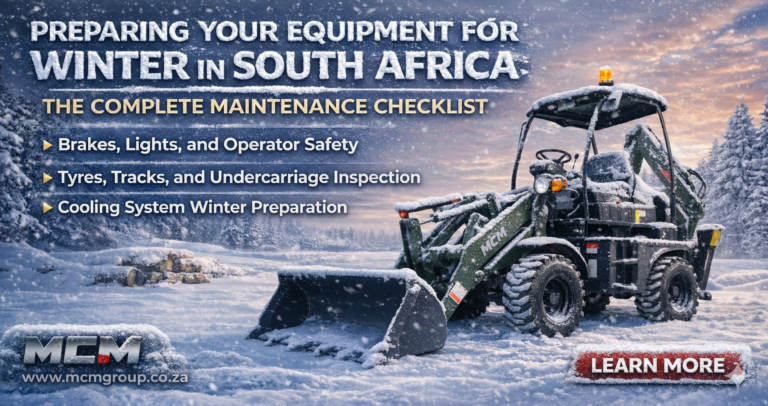 Construction equipment lined up for winter maintenance service in South Africa