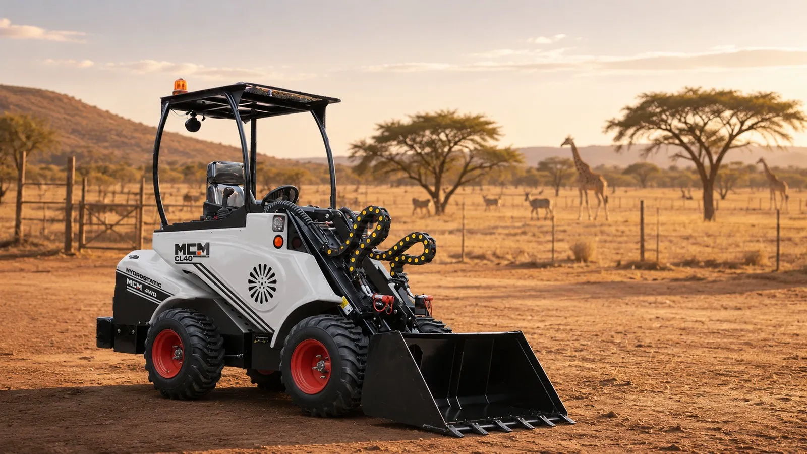MCM CL40 compact loader for feed and bale handling on a South African game farm