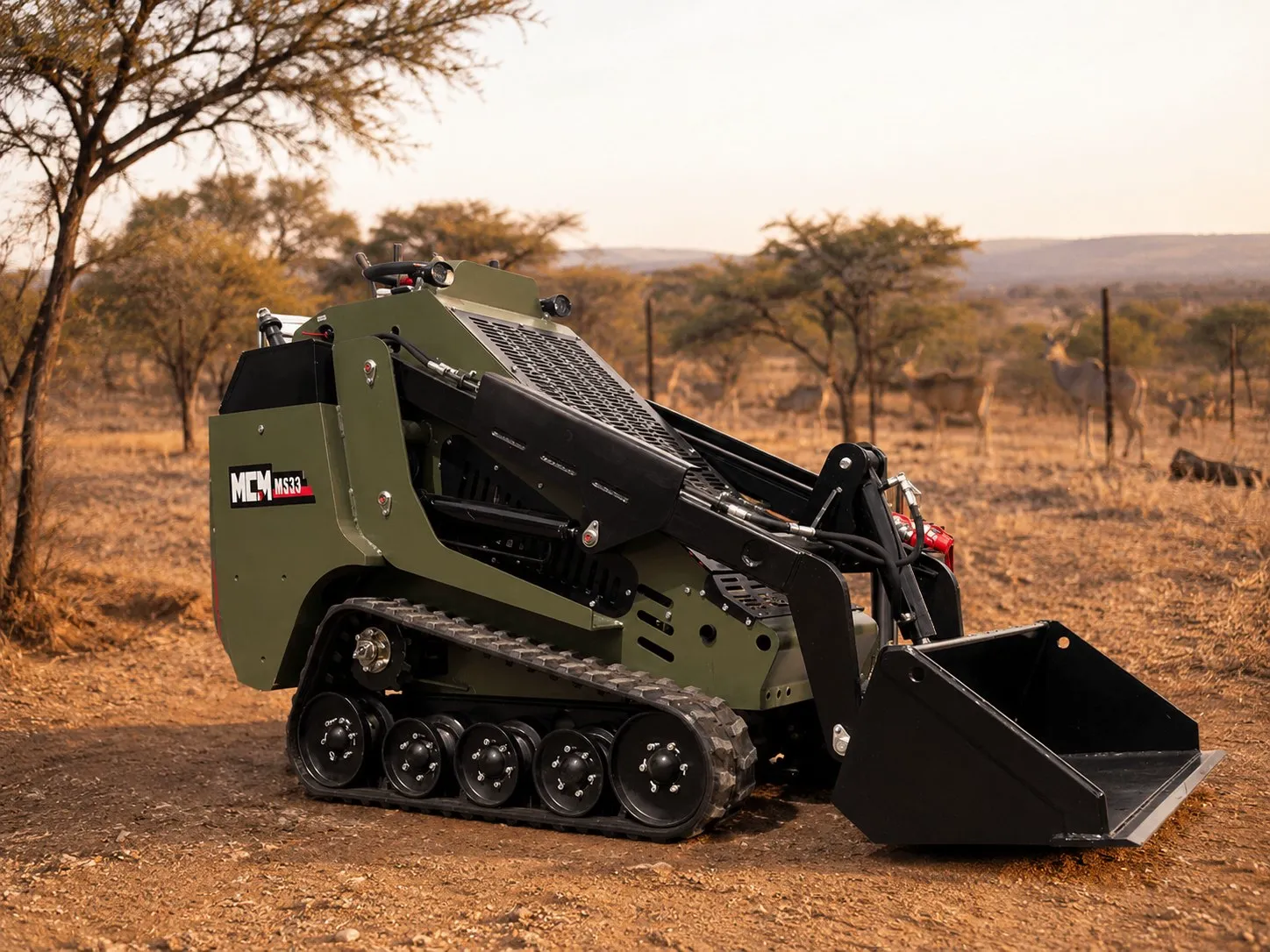 MCM MS33 mini skid steer clearing and trenching on a South African game farm